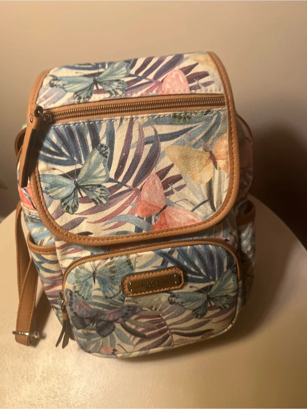 Rosetti Pastel Floral & Butterfly Mini Backpack with Tan Trim